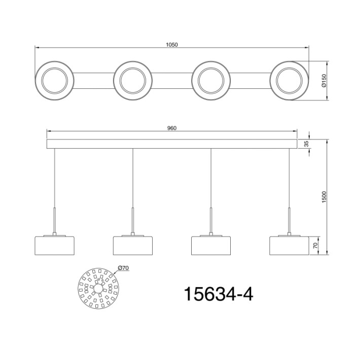 Disegno tecnico della lampada a sospensione t.b.t. Sospensioni con dimensioni.