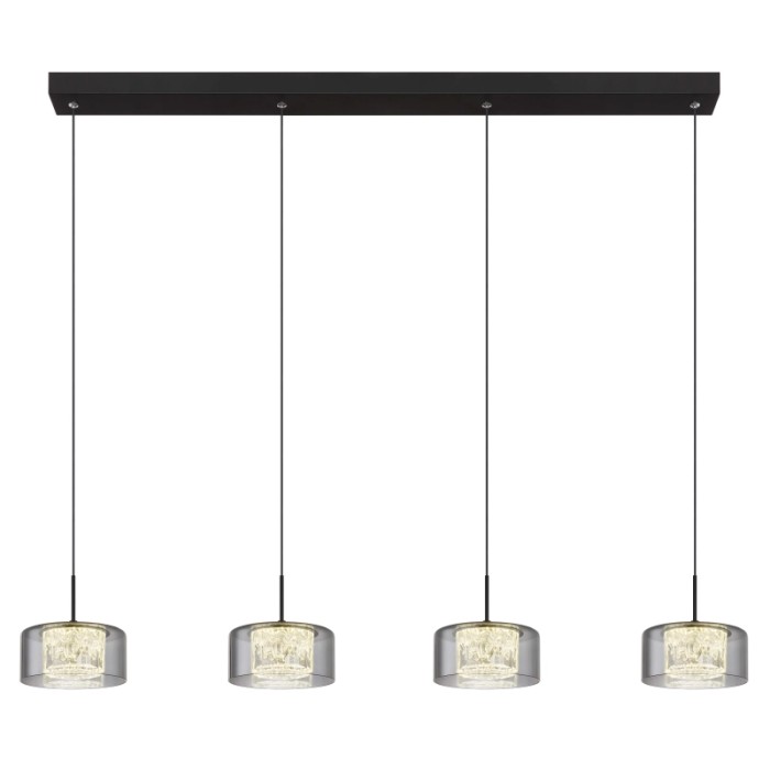 Moderna lampada a sospensione t.b.t. con quattro paralumi grigi per sala da pranzo e soggiorno.