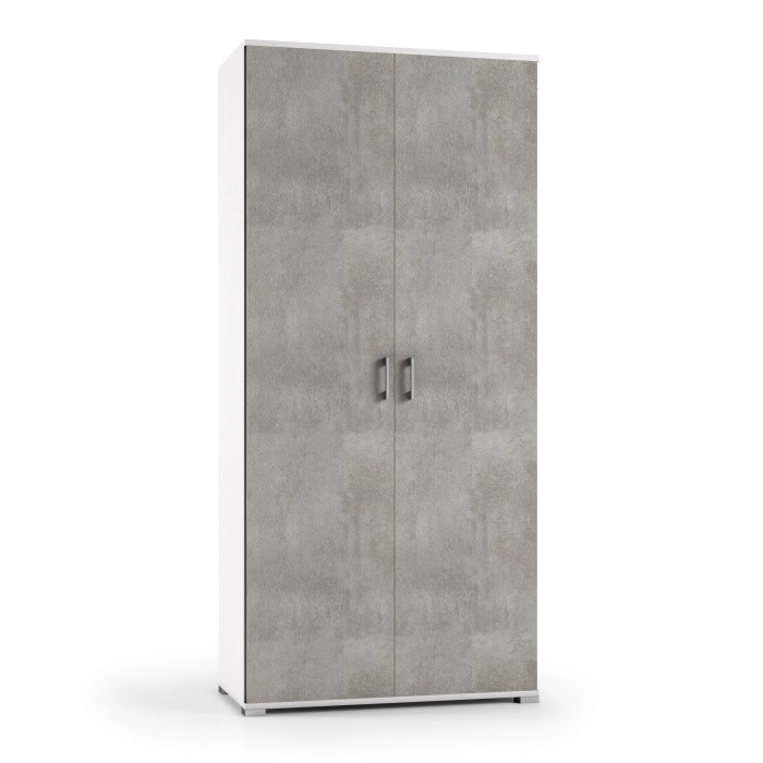 Armadio t.b.t. con frontale effetto cemento grigio e fianchi bianchi.