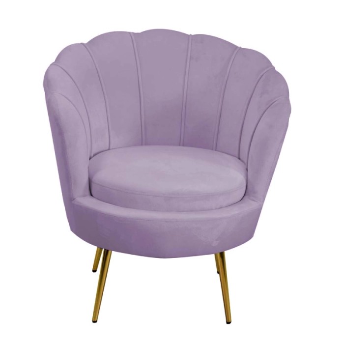 Poltrona lounge lilla con design a conchiglia e gambe dorate.