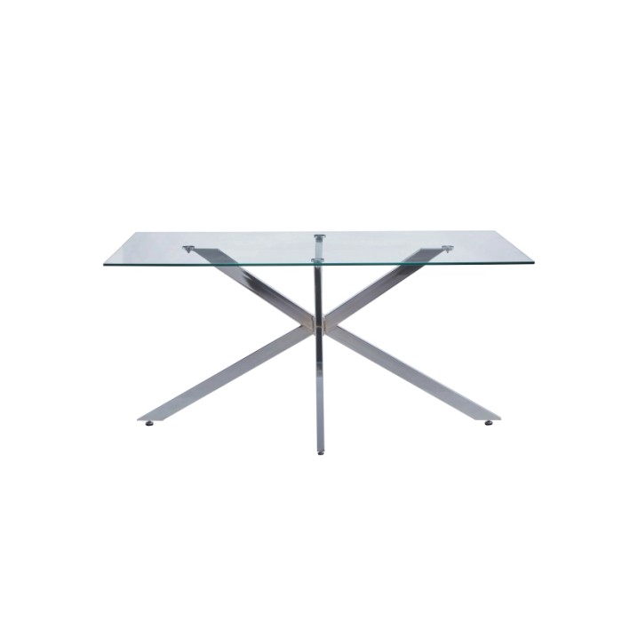 Tavolo da pranzo moderno con piano in vetro e struttura in metallo cromato.