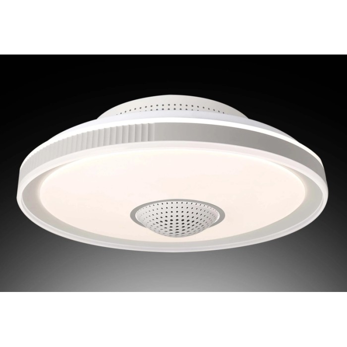Plafoniera LED rotonda e moderna in bianco con elementi decorativi.