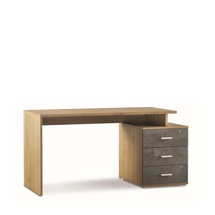 Scrivania moderna con effetto legno e cassettiera per l'ufficio.