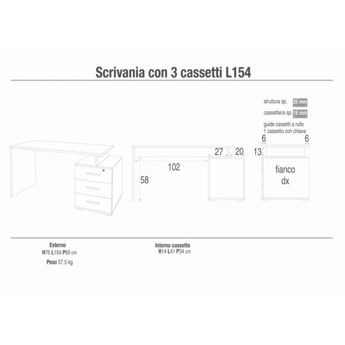 Schizzo di una scrivania con tre cassetti e dimensioni.