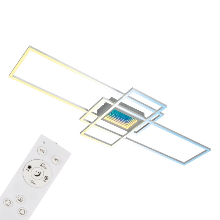 Plafoniera LED moderna con design geometrico e telecomando per il controllo della luce.