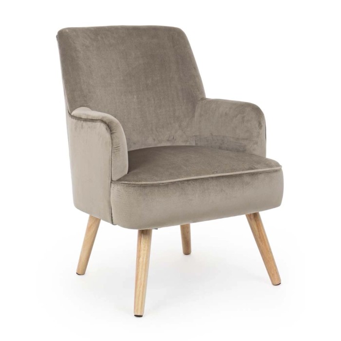 Elegante poltrona con braccioli beige e gambe in legno. Seduta confortevole per soggiorno o sala lettura.