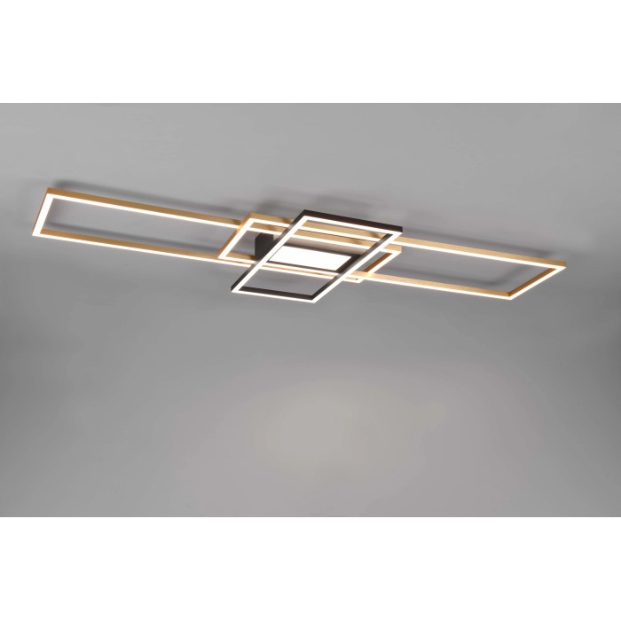 Plafoniera LED moderna con forme geometriche in oro e nero.