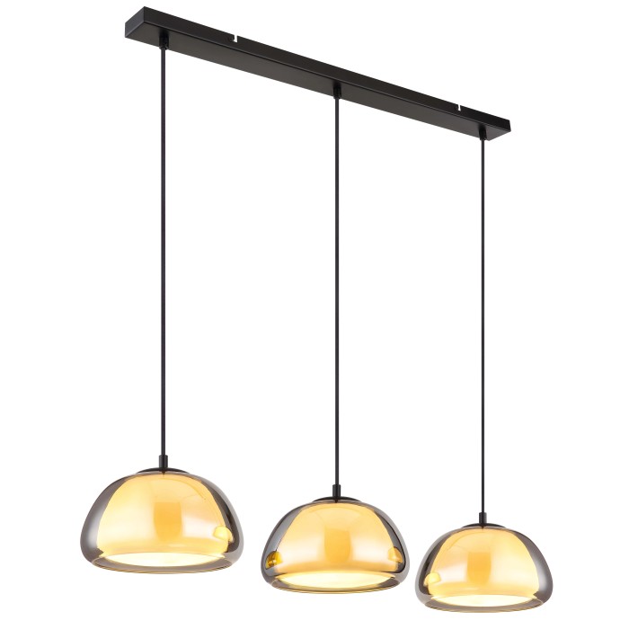 Lampada a sospensione t.b.t. con tre paralumi in vetro ambrato.
