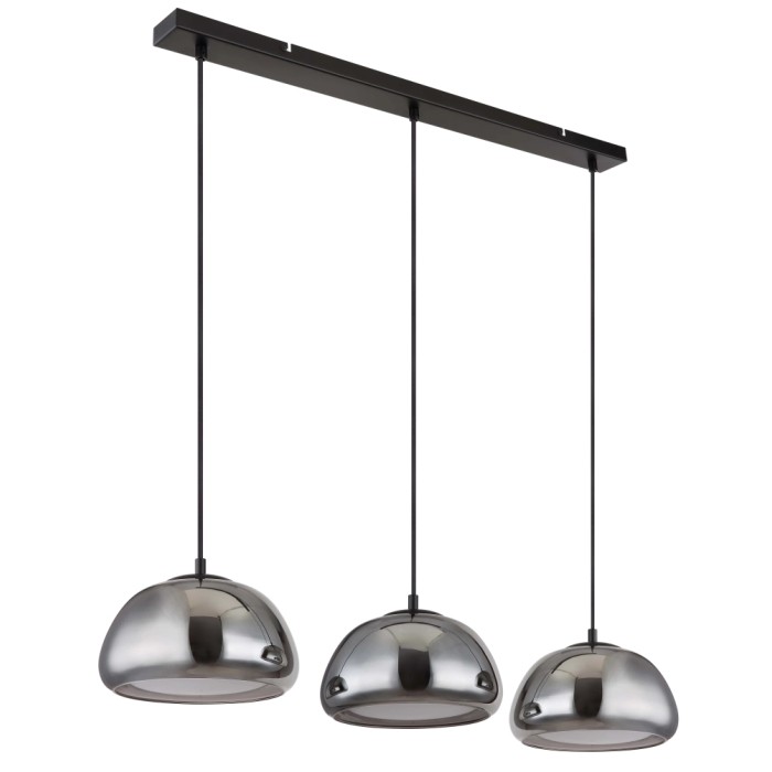 Lampada a sospensione t.b.t. con tre paralumi in vetro grigio e sospensione nera.