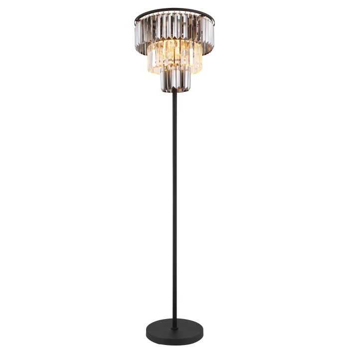 Elegante lampada da terra t.b.t. con paralume a tre livelli in vetro cristallo e base in metallo nero.