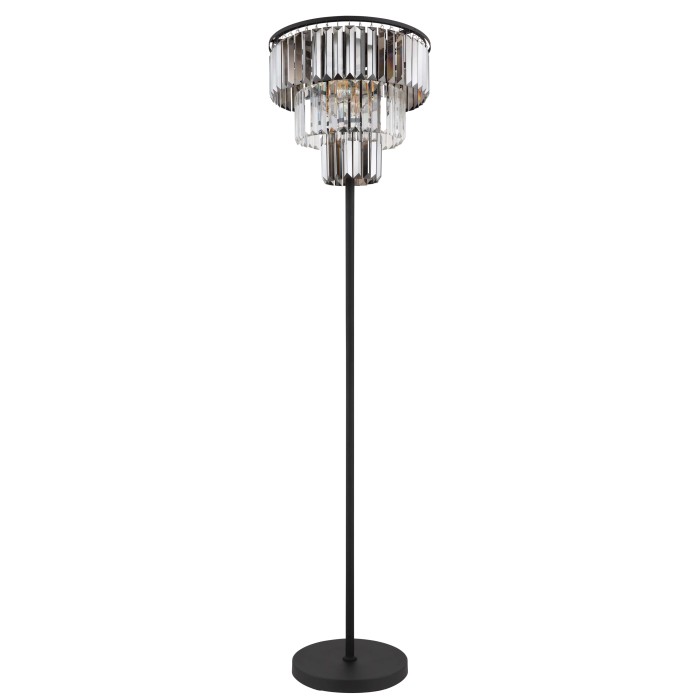 Elegante lampada da terra t.b.t. con paralume a tre livelli in vetro cristallo e base in metallo nero.