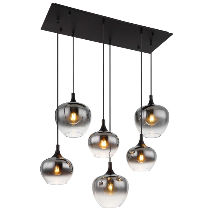 Lampada a sospensione moderna con sei paralumi in vetro grigio fumo, ideale come lampada a sospensione.