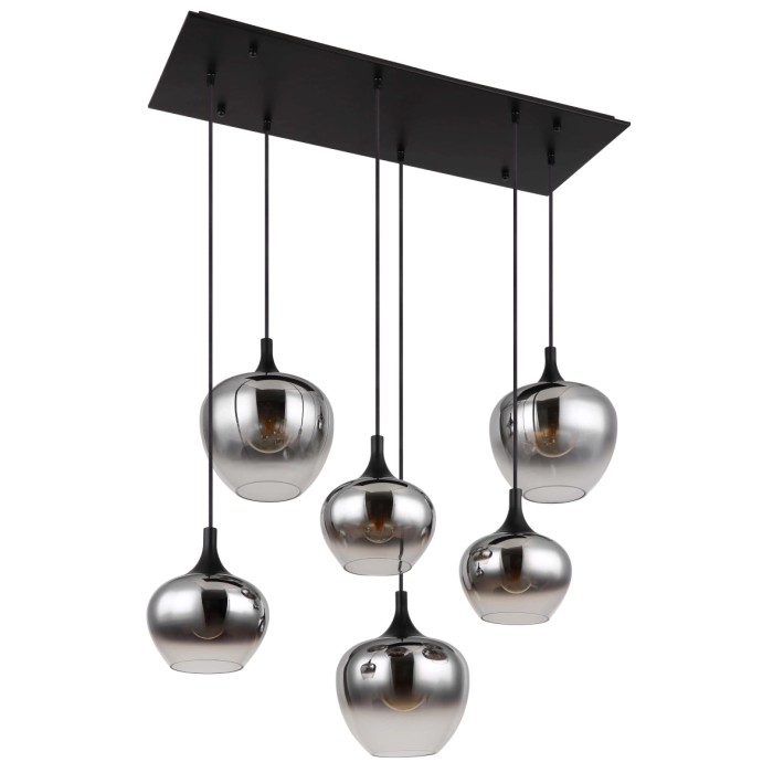 Moderna lampada a sospensione t.b.t. con sei paralumi in vetro color argento per sala da pranzo e soggiorno.