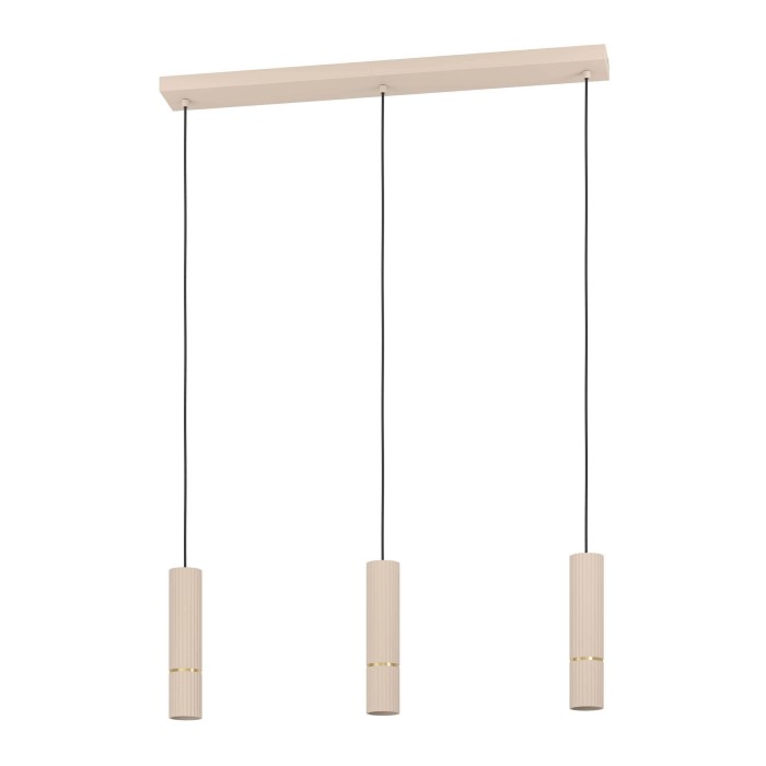 Lampada a sospensione t.b.t. con tre paralumi cilindrici in legno chiaro.