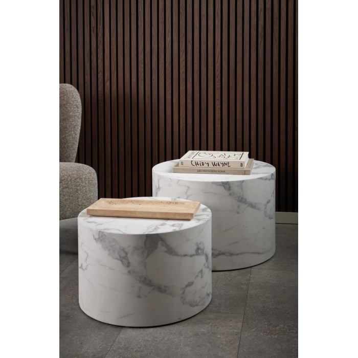 Set di 2 tavolini da salotto in legno Motrik effetto marmo bianco tondo h40 cm