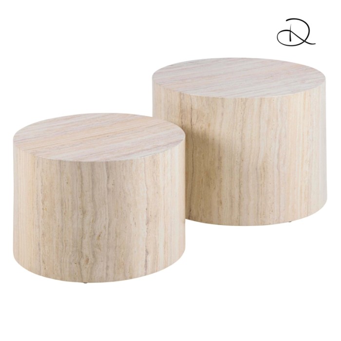 Set 2 tavolini da salotto legno Motrik effetto travertino beige tondo h40 cm
