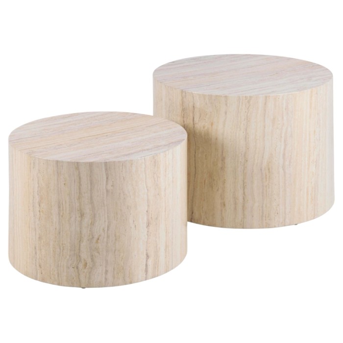 Set 2 tavolini da salotto legno Motrik effetto travertino beige tondo h40 cm