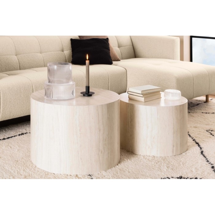 Set 2 tavolini da salotto legno Motrik effetto travertino beige tondo h40 cm