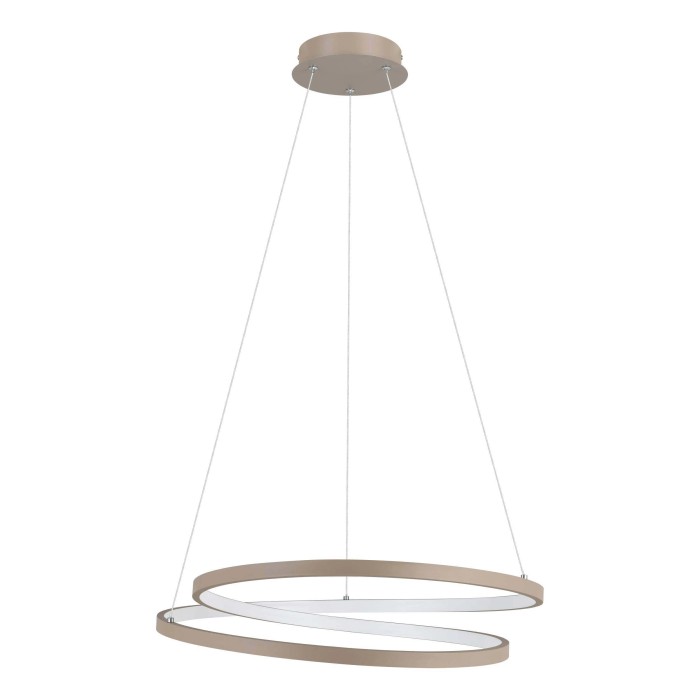 Moderna lampada a sospensione t.b.t. con due anelli beige per spazi abitativi.