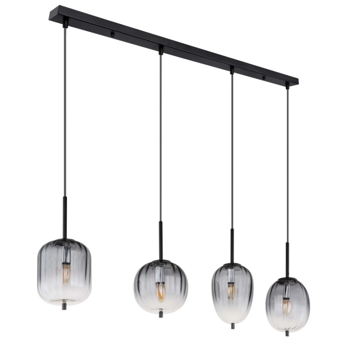 Moderna lampada a sospensione t.b.t. con quattro paralumi in vetro grigio per sala da pranzo e soggiorno.