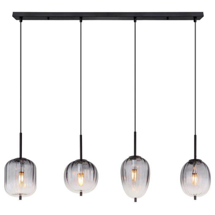 Lampada a sospensione nera t.b.t. con quattro paralumi in vetro grigio di forme diverse.