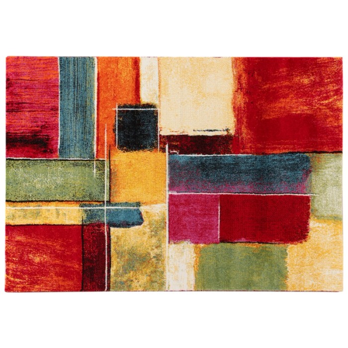 Tappeto moderno con motivo astratto a blocchi di colore in rosso, giallo, verde e blu.