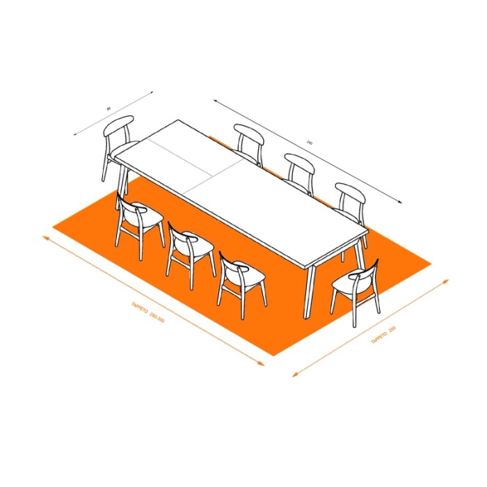 Illustrazione di un tappeto moderno sotto un tavolo da pranzo con sedie.
