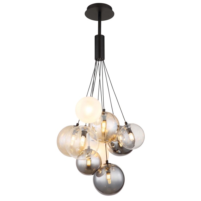 Lampada a sospensione moderna t.b.t. con diverse sfere di vetro in grigio e bianco. Ideale per illuminare il soggiorno.