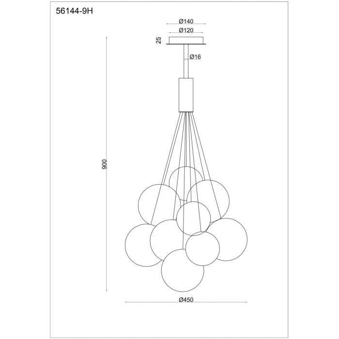 Disegno tecnico della lampada a sospensione t.b.t. con dimensioni.