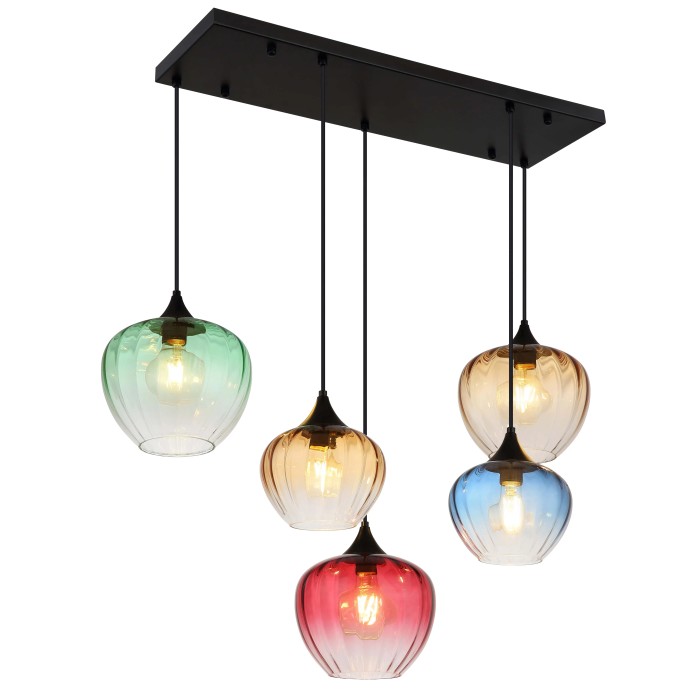Lampada a sospensione multicolore con cinque paralumi in vetro come Sospensioni decorative.