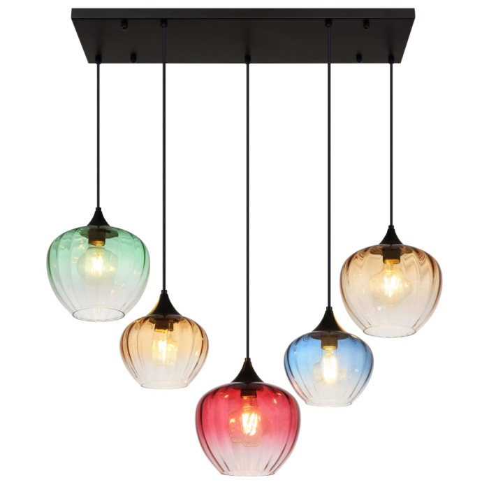 Lampada a sospensione t.b.t. multicolore con cinque paralumi in vetro per interni.