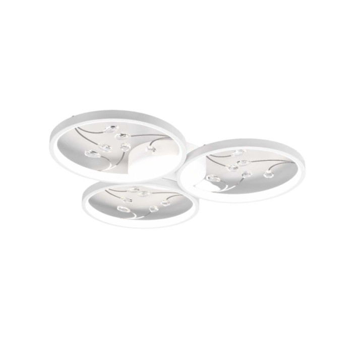 Moderna plafoniera LED Trio Groovy, bianco opaco, con tre cerchi luminosi e pendenti di cristallo.