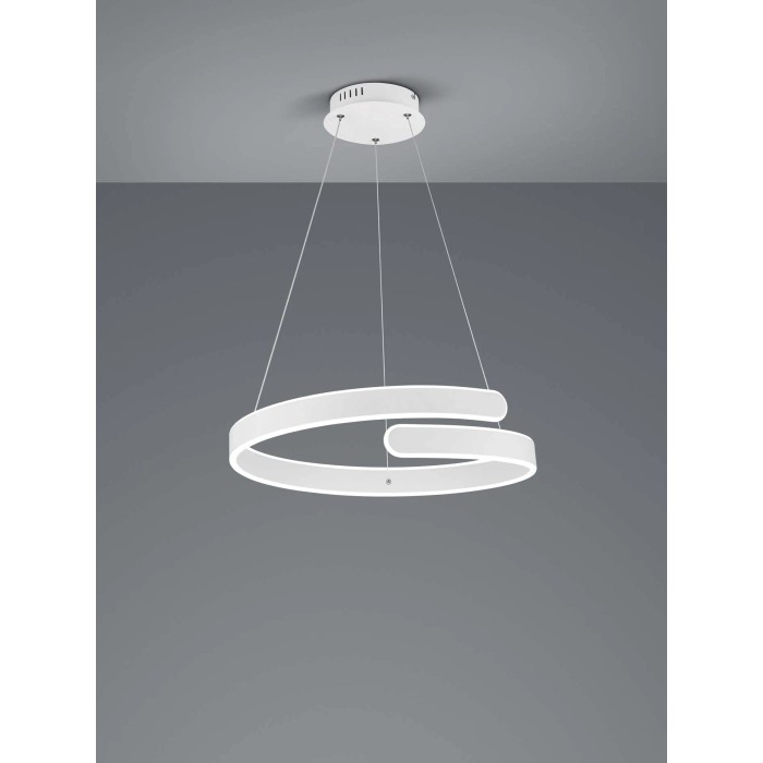 Moderna lampada a sospensione a LED bianca t.b.t. per spazi abitativi.