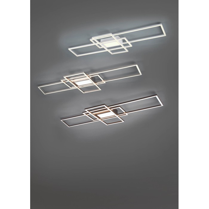 Plafoniera LED Trio Irvine dimmerabile, 60W, nickel opaco, con design geometrico.