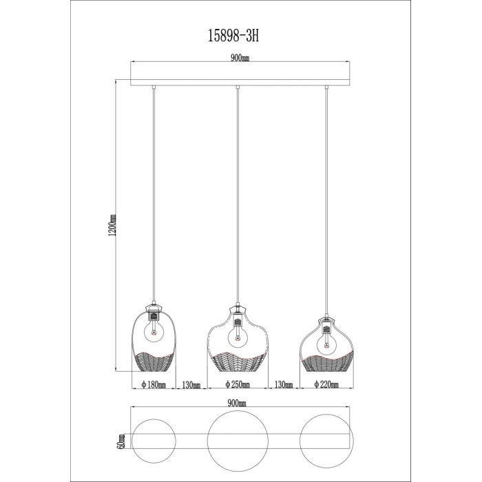Disegno tecnico della lampada a sospensione t.b.t. con dimensioni.