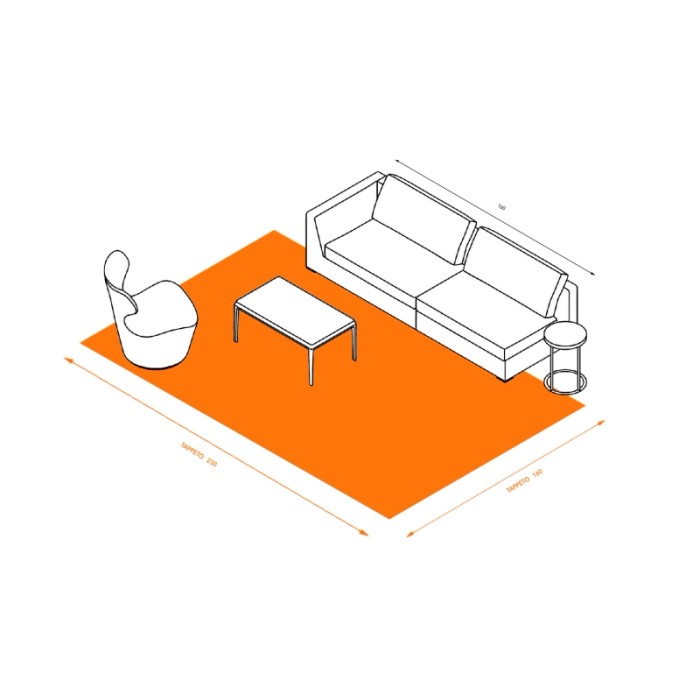 Illustrazione di un tappeto moderno con mobili come divano, poltrona e tavolo.