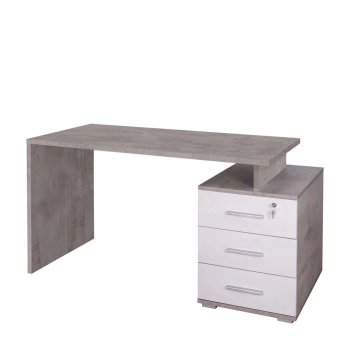 Scrivania moderna con cassetti in grigio e bianco per l'ufficio.