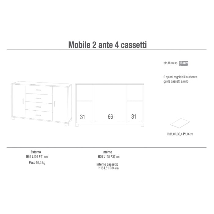 Disegno tecnico: t.b.t. mobile archivio con cassetti e ante, dimensioni e dettagli.
