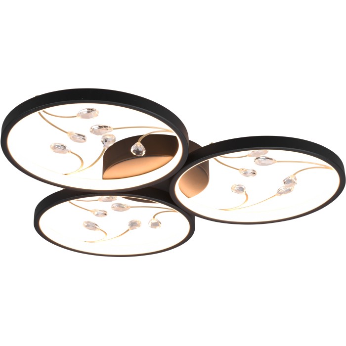 Moderna lampada da soffitto a LED Trio Groovy, nero opaco, con pendenti in cristallo. Dimmerabile e ideale per soggiorno e camere da letto.