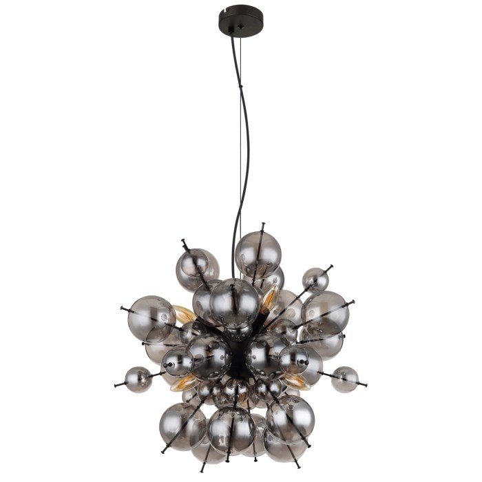 Lampada a sospensione moderna con sfere di vetro grigio, un elemento d'arredo per soggiorno e sala da pranzo.