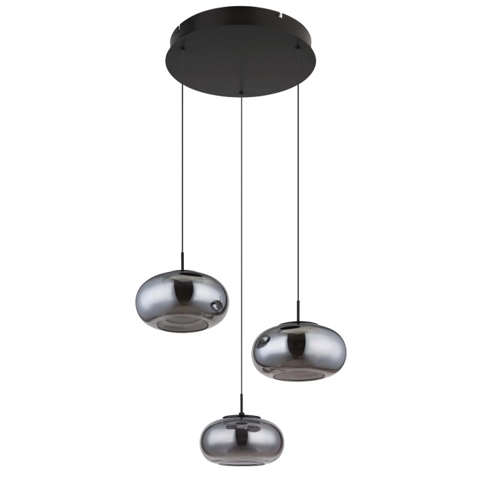 Lampada a sospensione moderna t.b.t. con tre paralumi in vetro grigio per spazi abitativi.