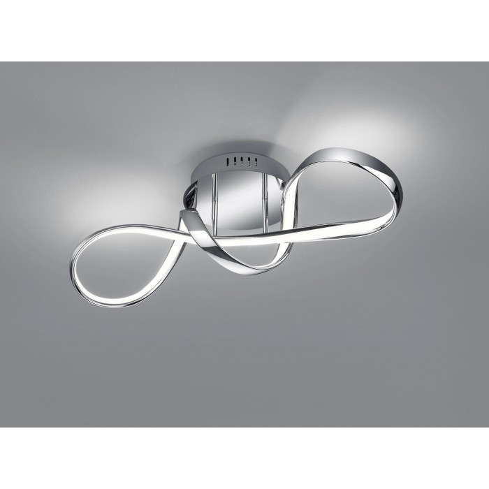 Moderna plafoniera LED Perugia cromata con design curvo per soggiorno e camera da letto.