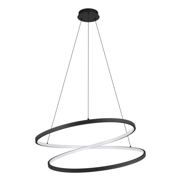 Moderna lampada a sospensione t.b.t. con due anelli intrecciati in nero.