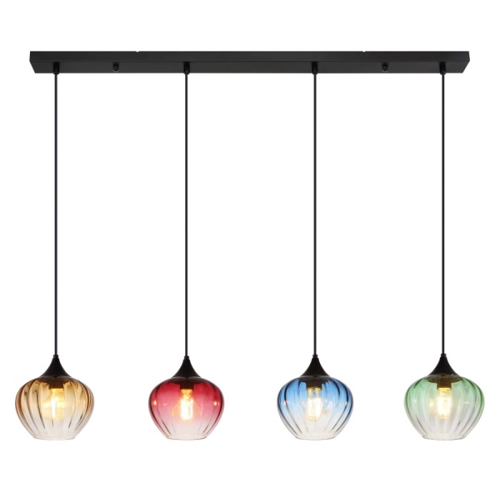 Lampada a sospensione t.b.t. con quattro paralumi in vetro colorato (giallo, rosso, blu, verde).
