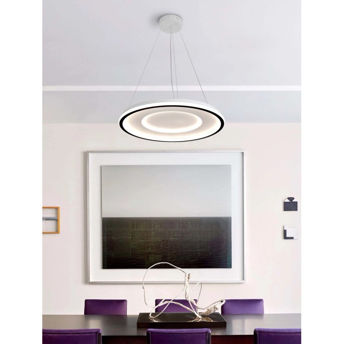 Moderna lampada a sospensione t.b.t., rotonda, bianca con accento nero, per un'illuminazione elegante.