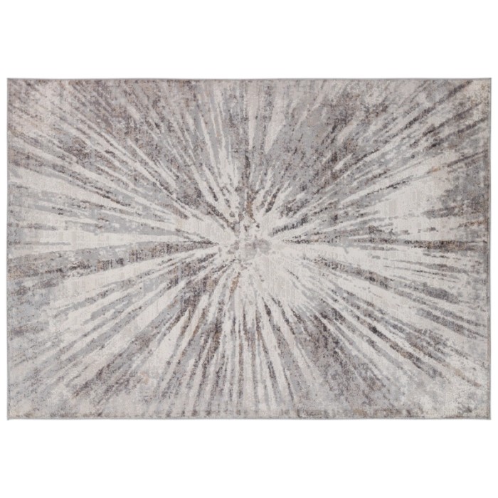 Tappeto moderno con motivo astratto a stella nei toni del grigio e beige.