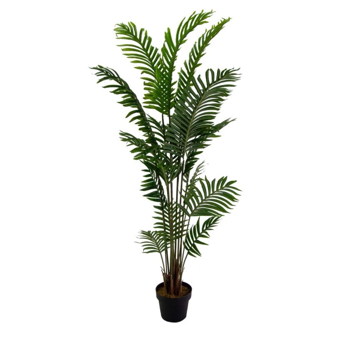 Pianta artificiale verde in vaso, replica dettagliata di una palma, ideale per la decorazione.