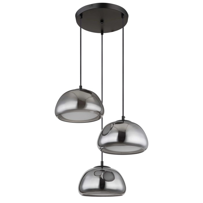 Lampada a sospensione moderna con tre paralumi in vetro grigio per un'illuminazione elegante.