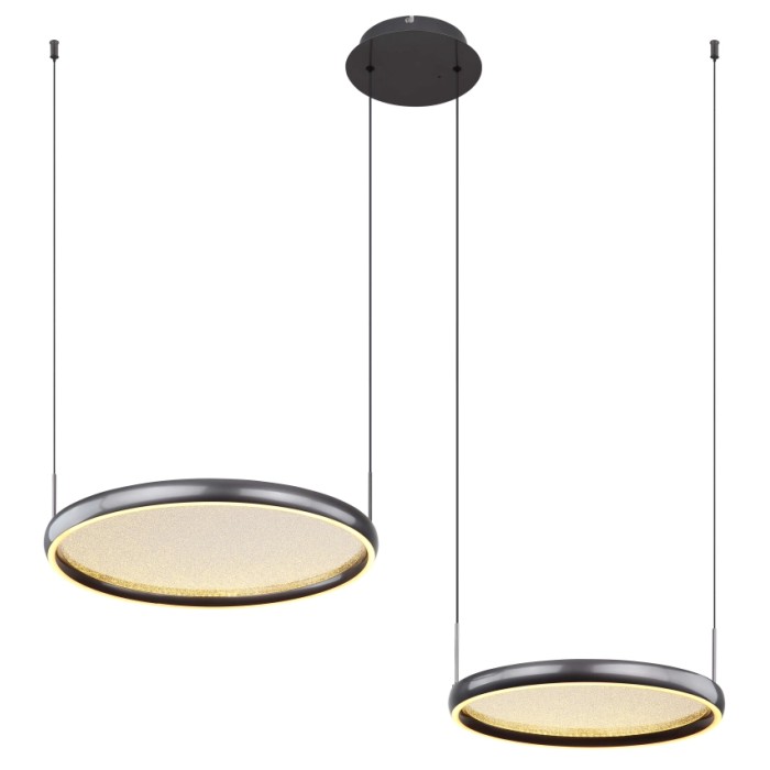 Lampada a sospensione LED moderna, forma rotonda, corpo grigio, luce bianca calda per ambienti domestici.