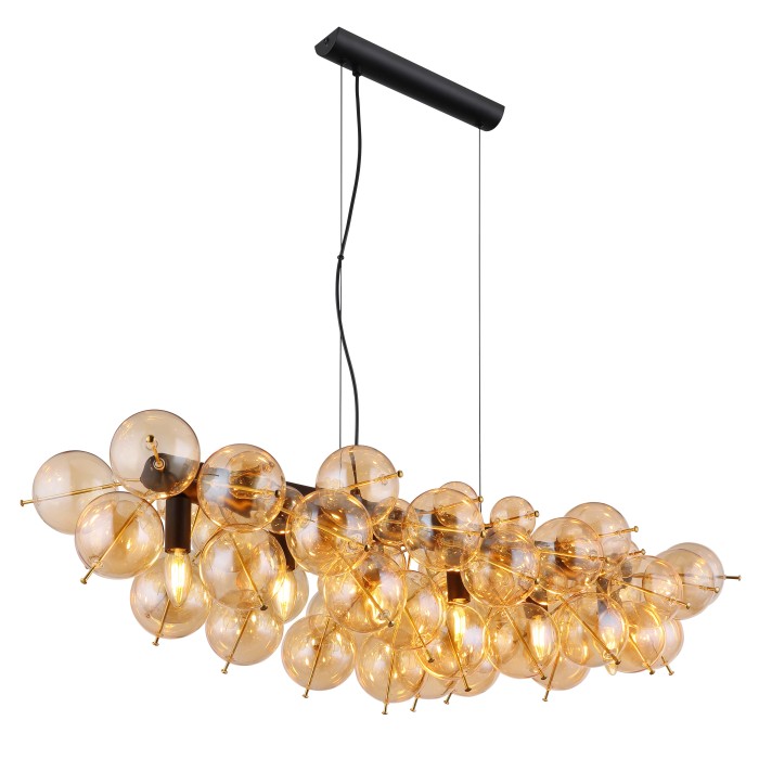 Lampada a sospensione moderna t.b.t. con sfere di vetro ambrato per un'illuminazione elegante.